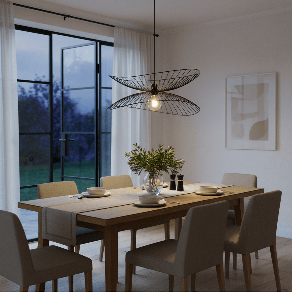 Stylish twin black pendant light hanging over a wooden dining table set with plates and a vase of greenery.