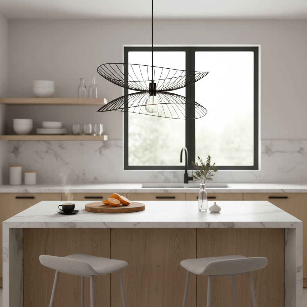 Stylish black twin pendant light hanging above a kitchen island with a marble countertop and wooden cabinets.