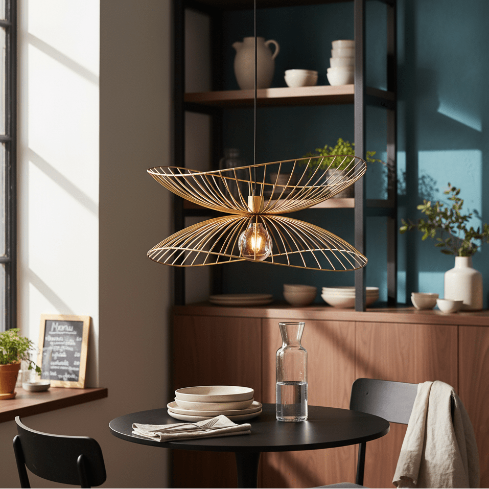 Satin gold twin pendant light with mesh shade hanging above a dining table set with plates and a water carafe.