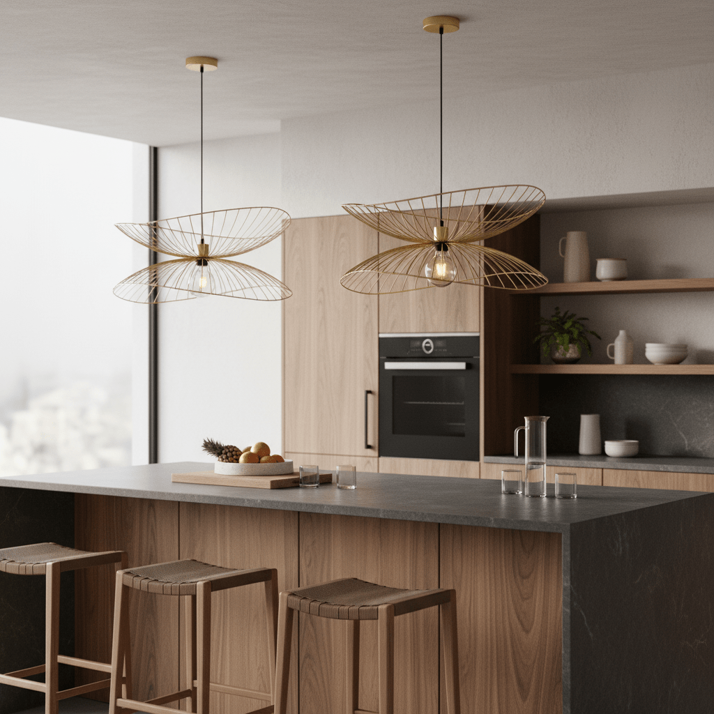 Satin gold twin pendant lights above a kitchen island with wooden stools and a fruit bowl.