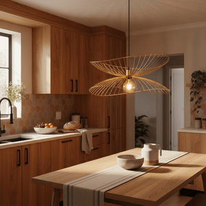 Stylish Sensu Twin Gold Pendant Light hanging over a wooden dining table in a modern kitchen.