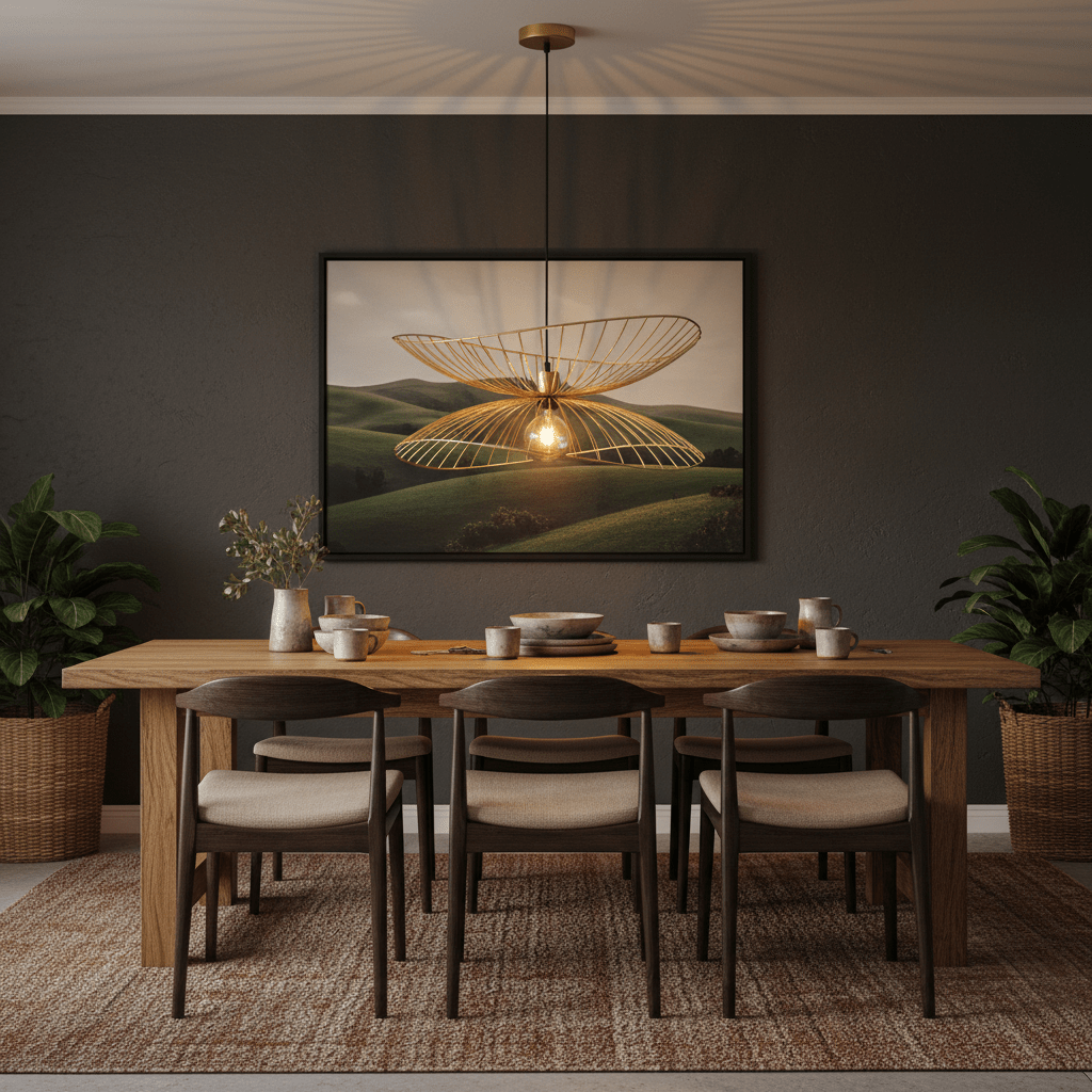 Stylish dining setup featuring the Sensu Twin Gold Pendant Light above a wooden table with tableware.
