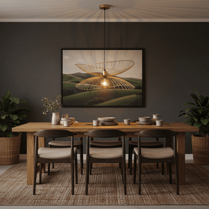 Stylish dining setup featuring the Sensu Twin Gold Pendant Light above a wooden table with tableware.