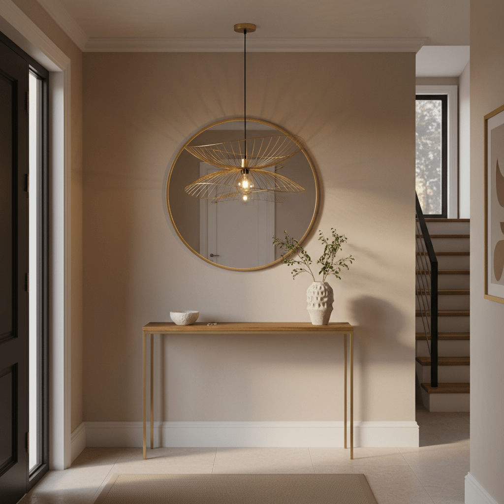 Satin gold twin pendant light hanging above a wooden console table in a stylish entryway.