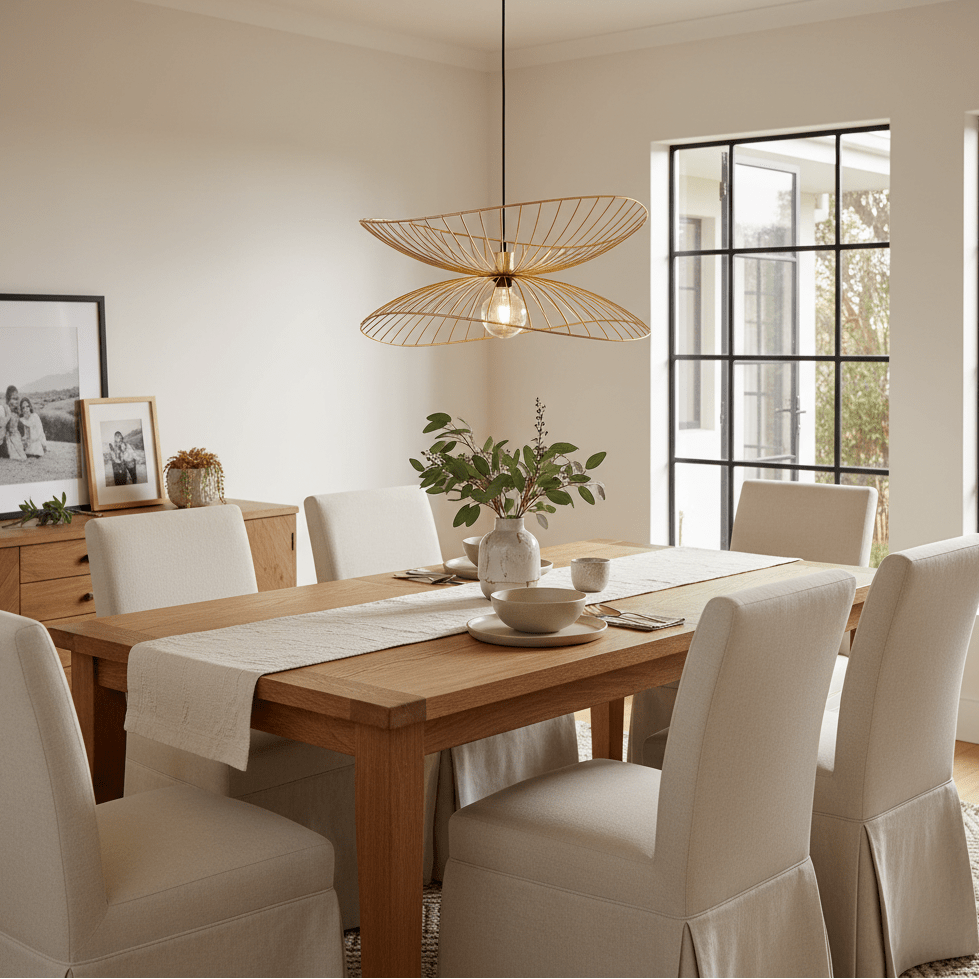 A modern dining room featuring a light wood dining table surrounded by cream slipcovered chairs, under a distinctive gold wire pendant light with a butterfly-like design.