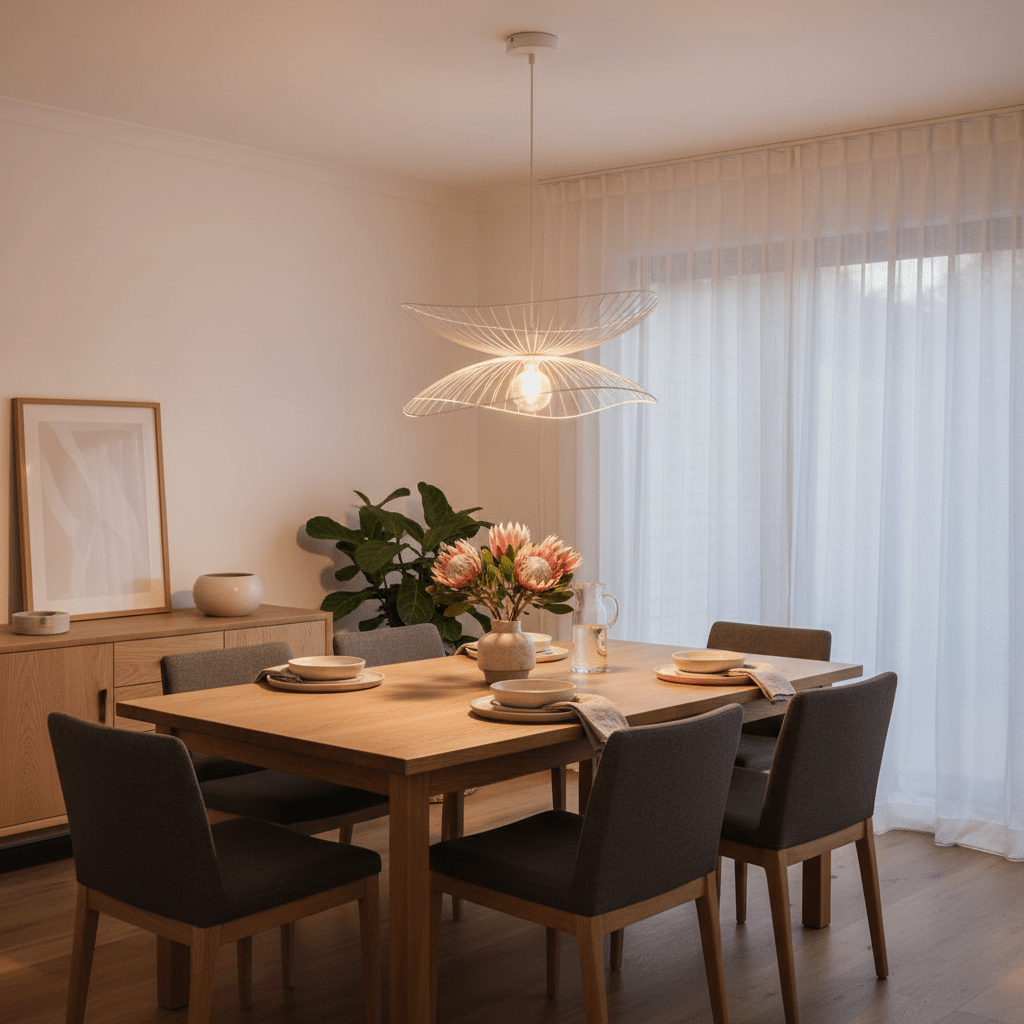 Stylish Sensu Twin White Pendant Light above a wooden dining table set with plates and flowers.