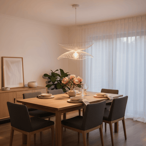 Stylish Sensu Twin White Pendant Light above a wooden dining table set with plates and flowers.