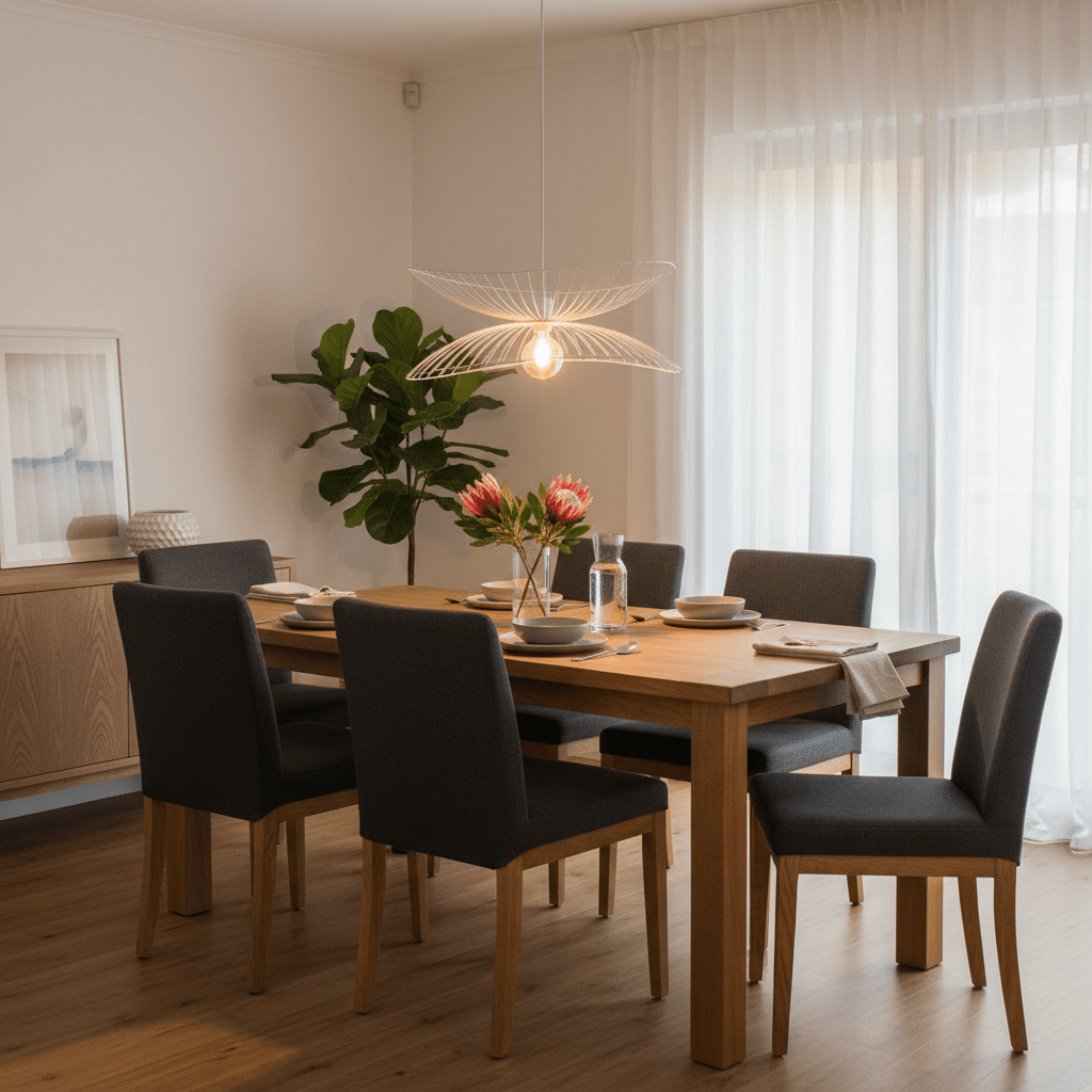 Stylish Sensu Twin White Pendant Light hanging above a wooden dining table set with plates and flowers.