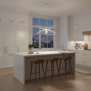 Stylish Sensu Twin White Pendant Light hanging over a modern kitchen island with wooden stools.