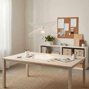 Stylish Sensu Twin White Pendant Light hanging above a modern workspace with a light wood table and plants.