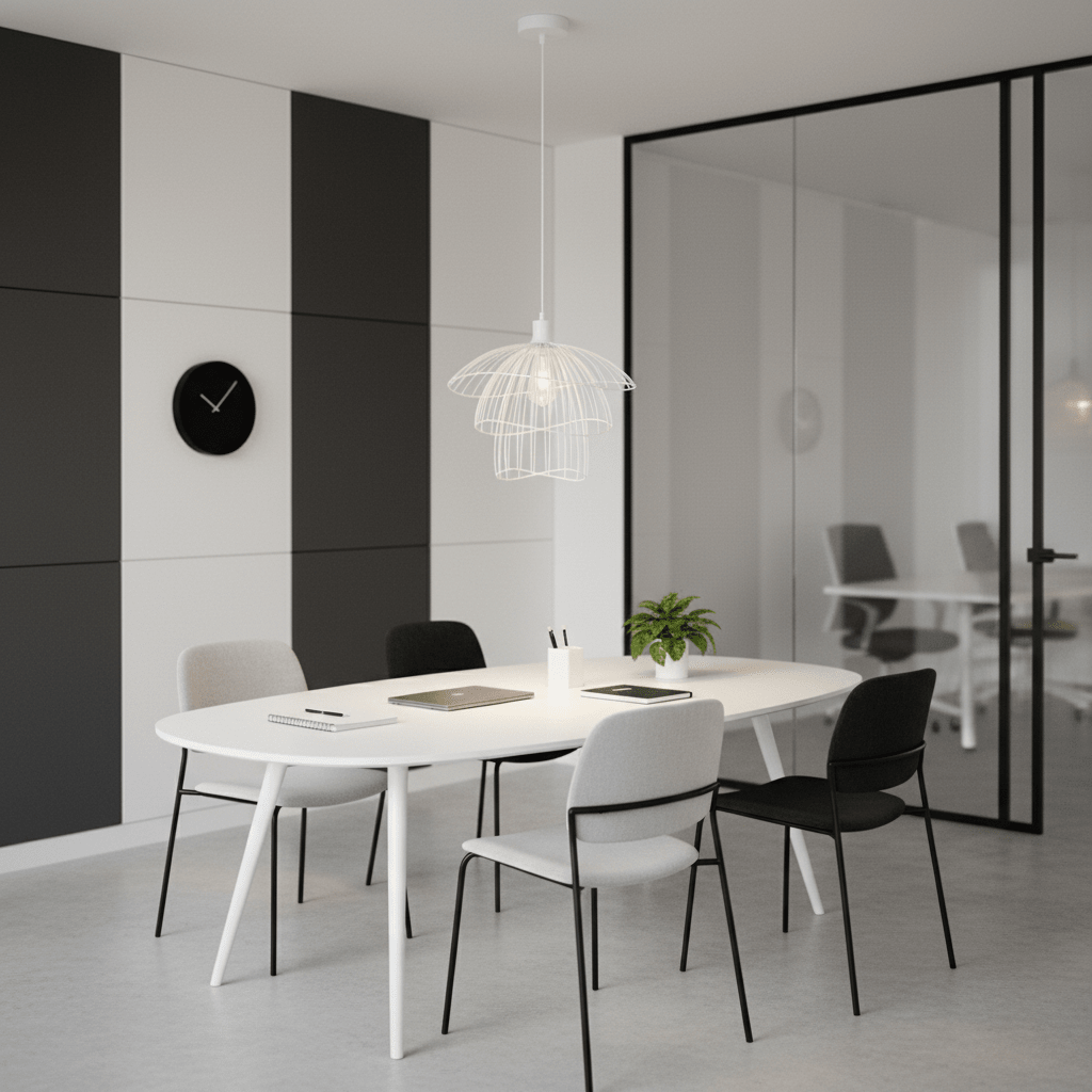 Modern white pendant light hanging above a minimalist dining table in a stylish office setting.