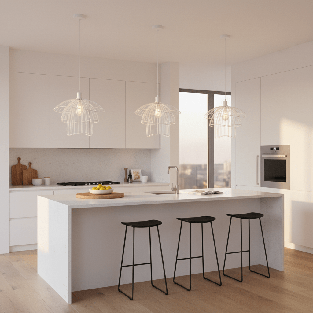 Three white pendant lights hang above a modern kitchen island with black stools, creating a stylish focal point.