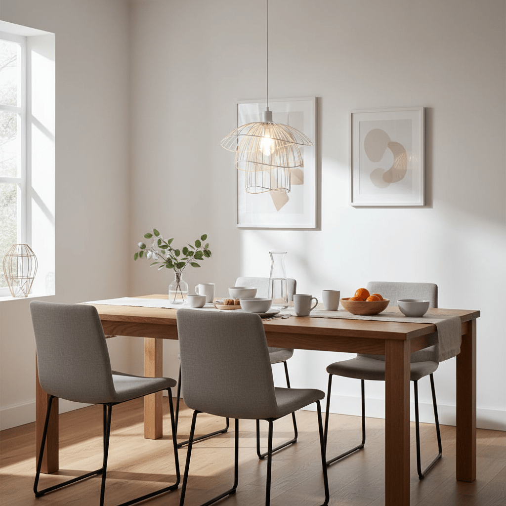 Stylish dining area featuring a white pendant light above a wooden table set with dishes and decor.