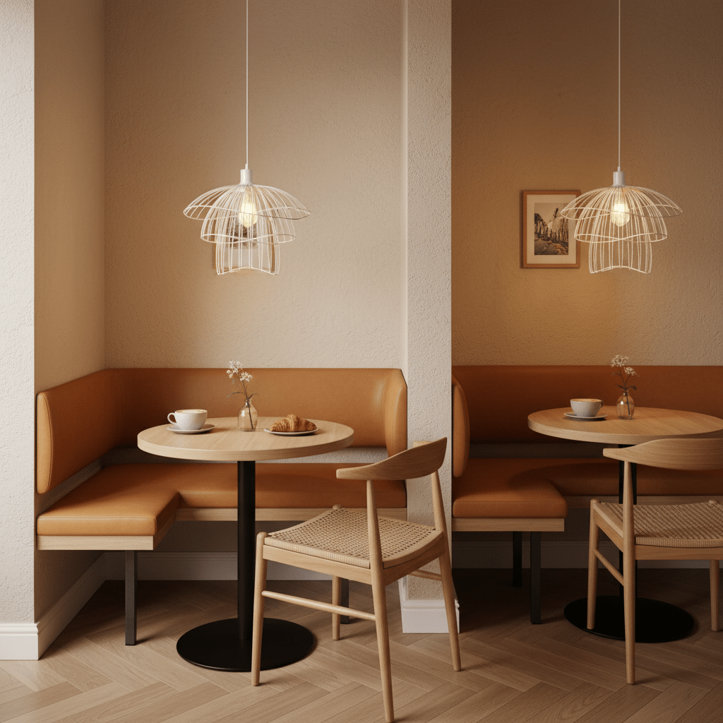 Stylish white pendant light above a cozy dining table in a modern café setting.