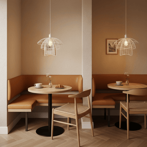 Stylish white pendant light above a cozy dining table in a modern café setting.