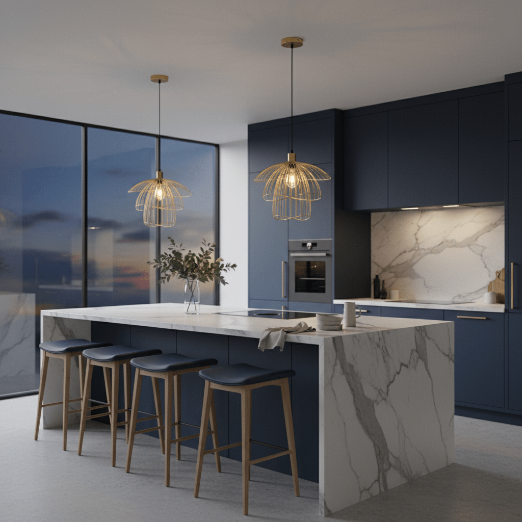 Stylish kitchen featuring two gold pendant lights above a marble island with wooden stools.