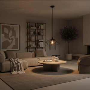 Stylish living room featuring the Sensu Trio Black Pendant Light above a round coffee table, with cozy seating and decor.