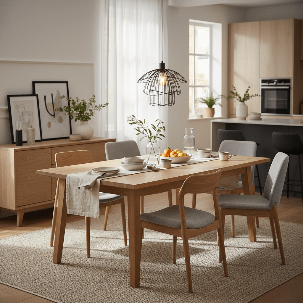 Stylish dining room featuring the Sensu Trio Black Pendant Light above a wooden table set with dishes and fruit.