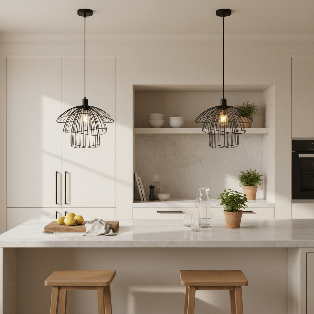 Two black pendant lights with wire frames hang over a modern kitchen island with wooden stools.