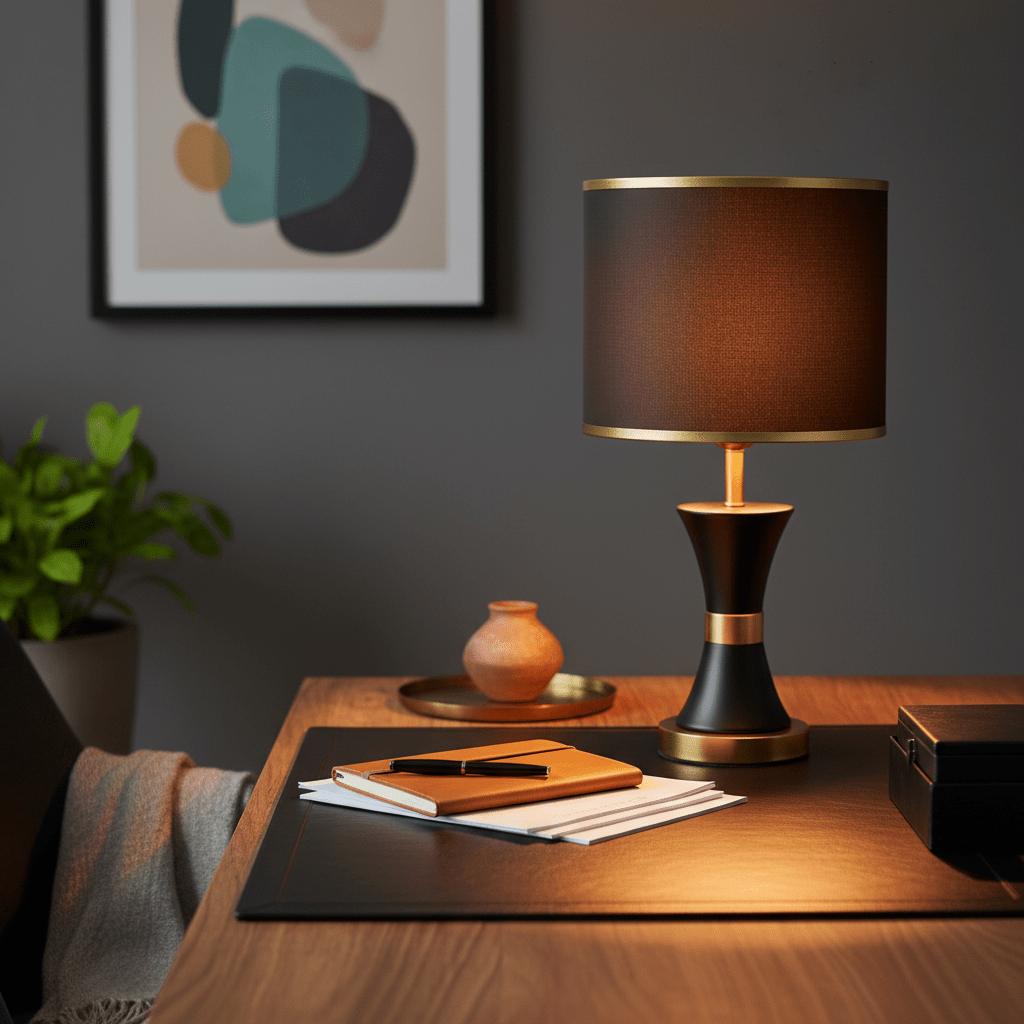 Efron Black & Gold Table Lamp on a desk with notebooks and a plant in a stylish setting.