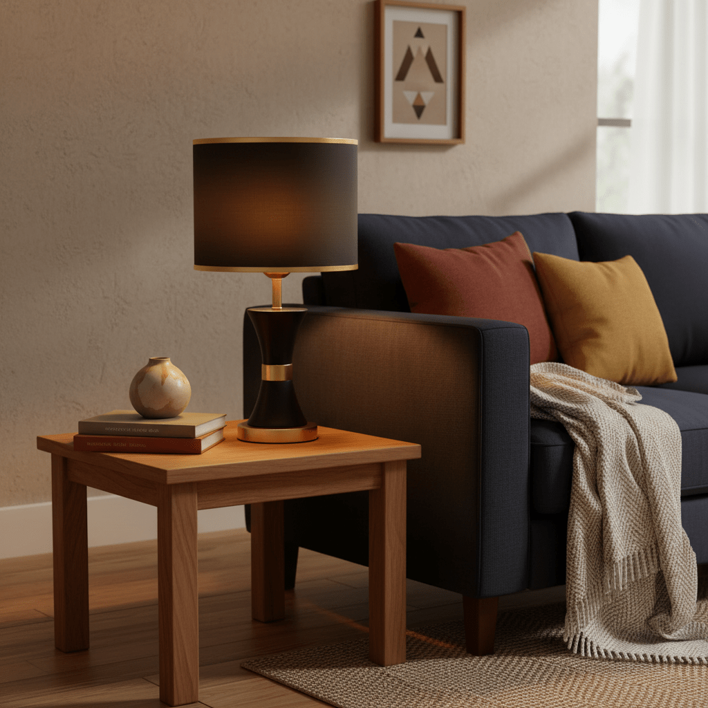 Efron Black & Gold Table Lamp on a wooden side table beside a dark sofa with decorative pillows.