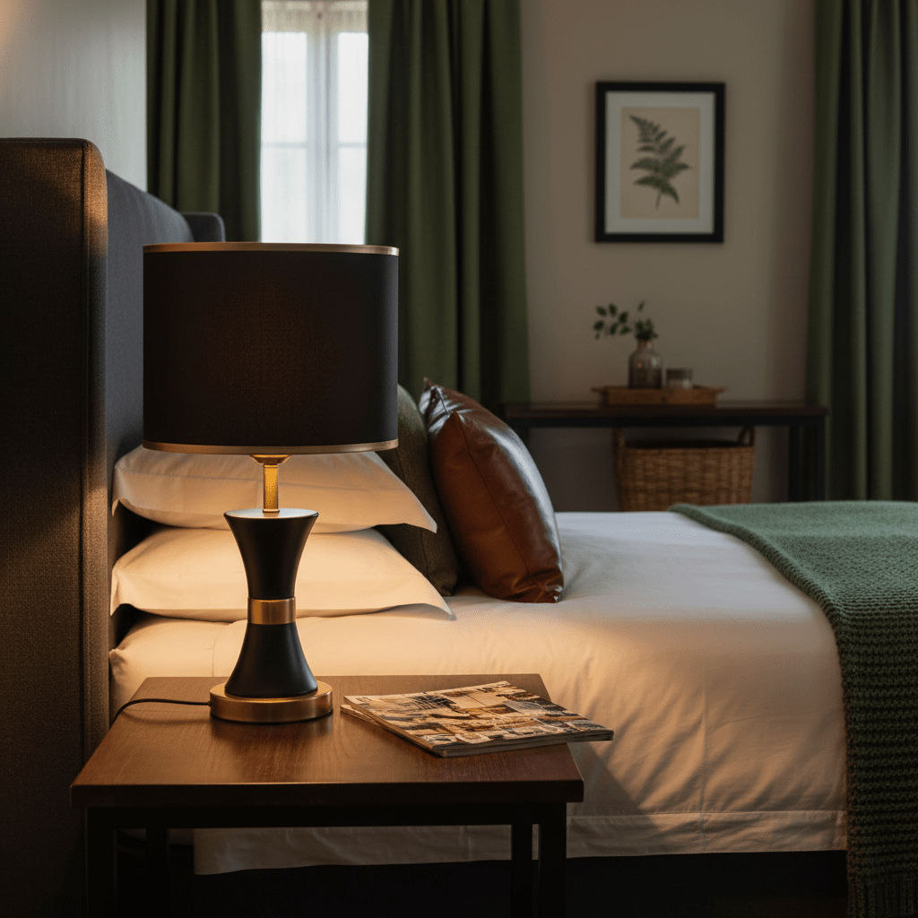 Efron Black & Gold Table Lamp on a bedside table beside a neatly made bed with green accents.