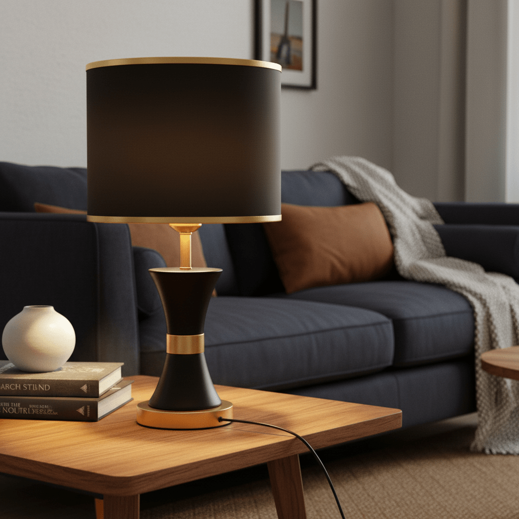 Efron Black & Gold Table Lamp on a wooden side table beside a cozy couch, with books and a vase.