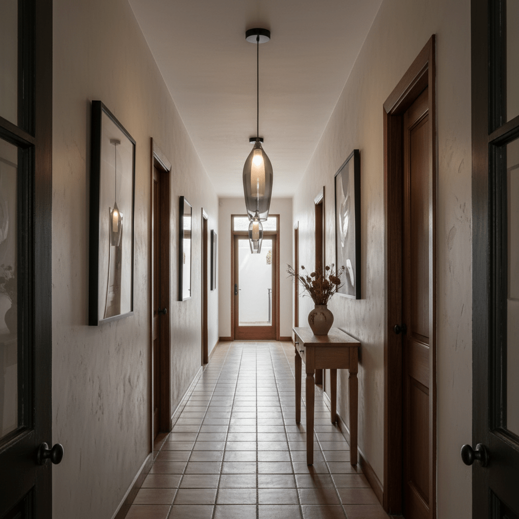A black smoke pendant light hangs from the ceiling in a hallway with wooden doors and framed artwork on the walls.