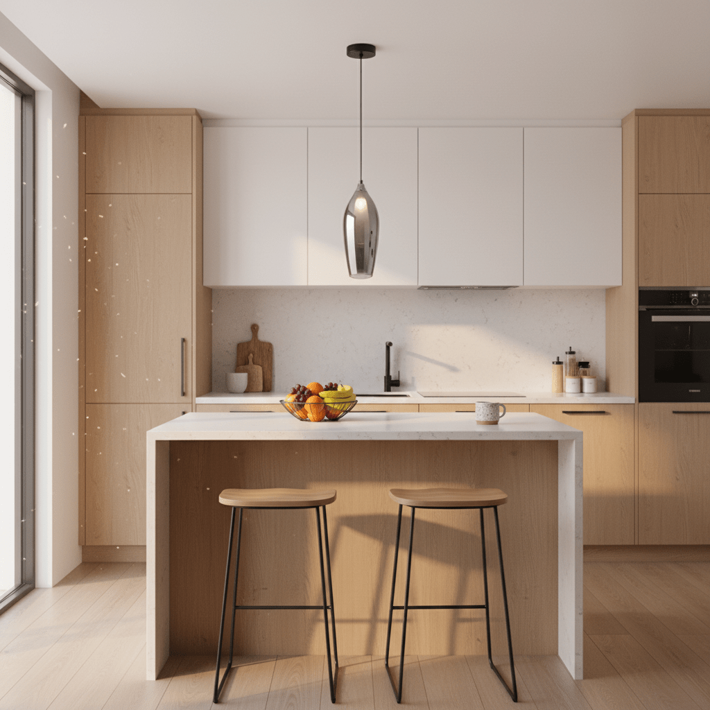 A modern kitchen featuring a Nelo Black Smoke Pendant Light above a white countertop, with wooden cabinets and two stools.