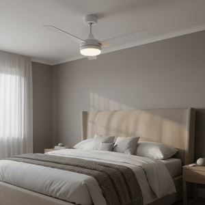 White LED ceiling fan with three blades installed in a modern bedroom setting.
