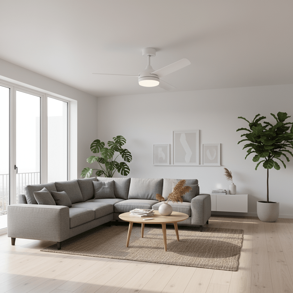 Modern living room featuring a white LED ceiling fan above a gray sectional sofa and wooden coffee table.