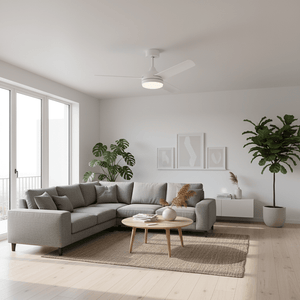 Modern living room featuring a white LED ceiling fan above a gray sectional sofa and wooden coffee table.