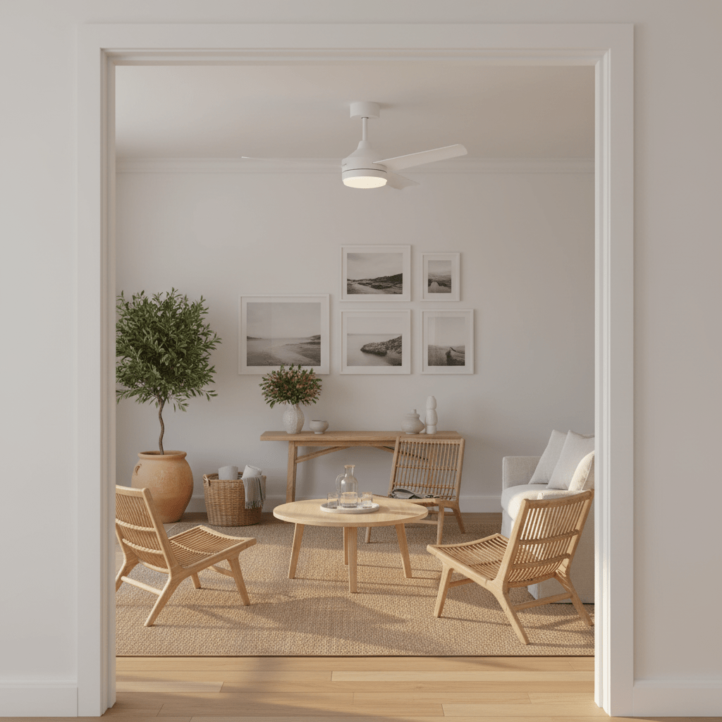 Stylish living room featuring a white LED ceiling fan, wooden furniture, and decorative plants.