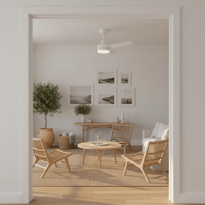 Stylish living room featuring a white LED ceiling fan, wooden furniture, and decorative plants.