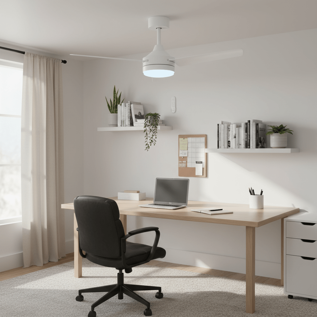 A modern workspace featuring a white LED ceiling fan above a wooden desk with a laptop and office supplies.