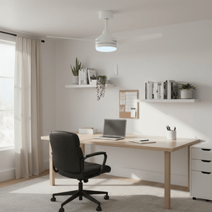 A modern workspace featuring a white LED ceiling fan above a wooden desk with a laptop and office supplies.