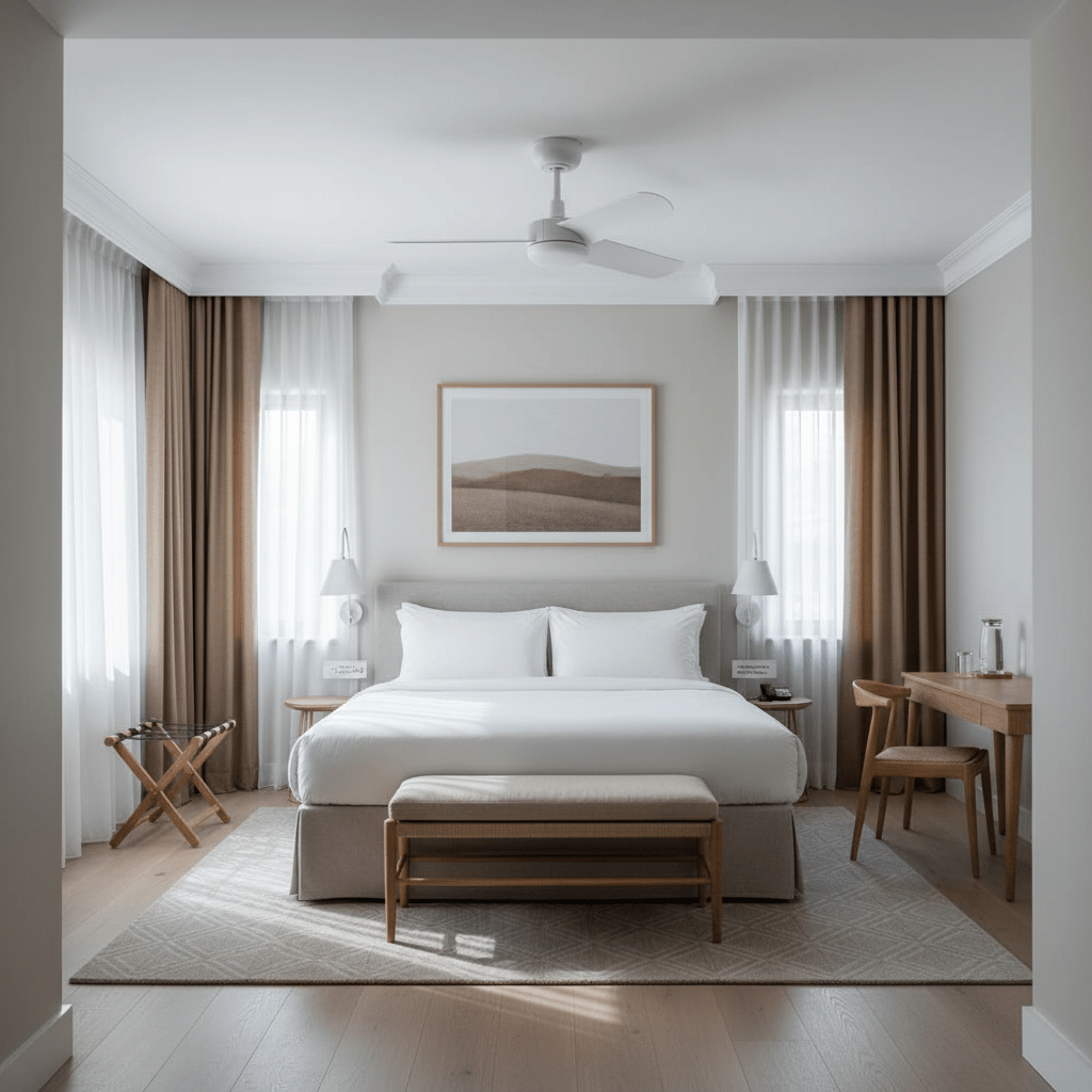Modern bedroom featuring a white ceiling fan, cozy bed, and stylish decor.