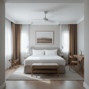 Modern bedroom featuring a white ceiling fan, cozy bed, and stylish decor.