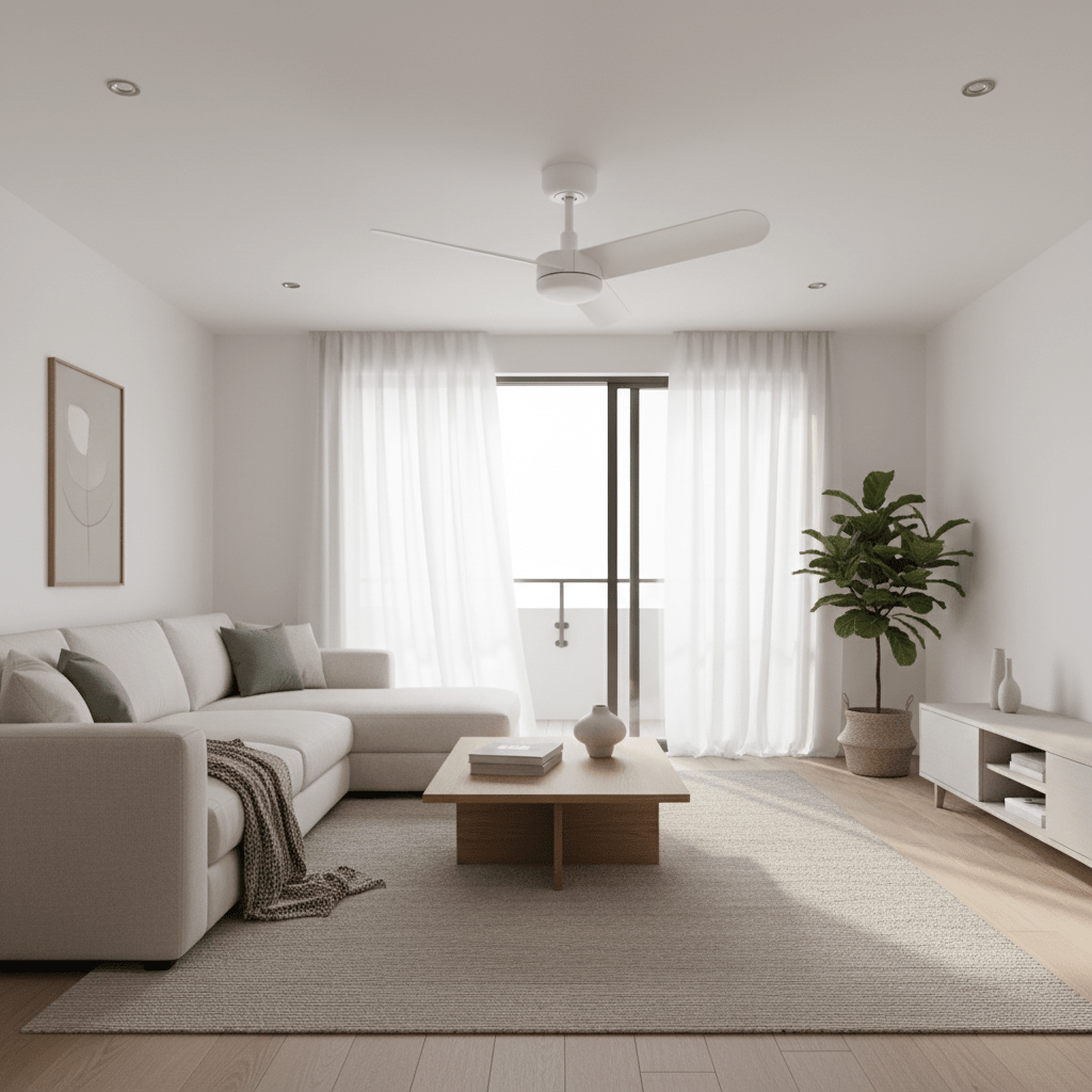 Modern living room featuring a white ceiling fan, light curtains, and a cozy sofa with a coffee table.