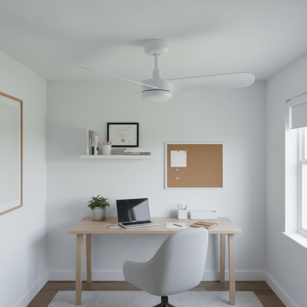 Alaric 3 Blade 35" white ceiling fan installed in a modern home office setting with a desk and laptop.