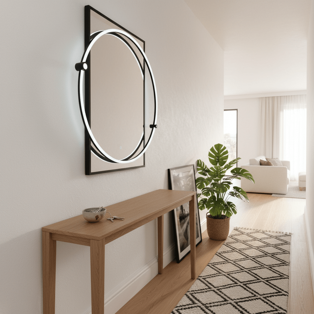 LED mirror with a sleek black frame mounted on a wall above a wooden console table, featuring a plant and decorative items.