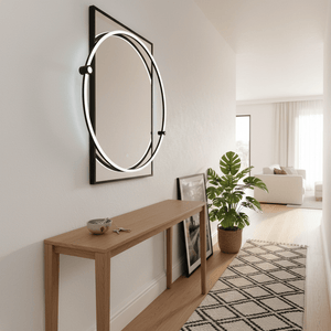 LED mirror with a sleek black frame mounted on a wall above a wooden console table, featuring a plant and decorative items.