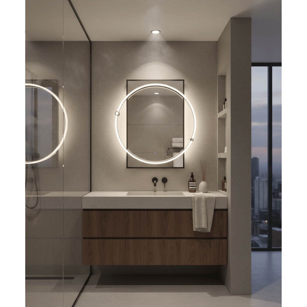 Modern bathroom featuring a circular LED mirror above a sleek vanity with wooden drawers.