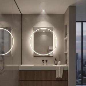 Modern bathroom featuring a circular LED mirror above a sleek vanity with wooden drawers.