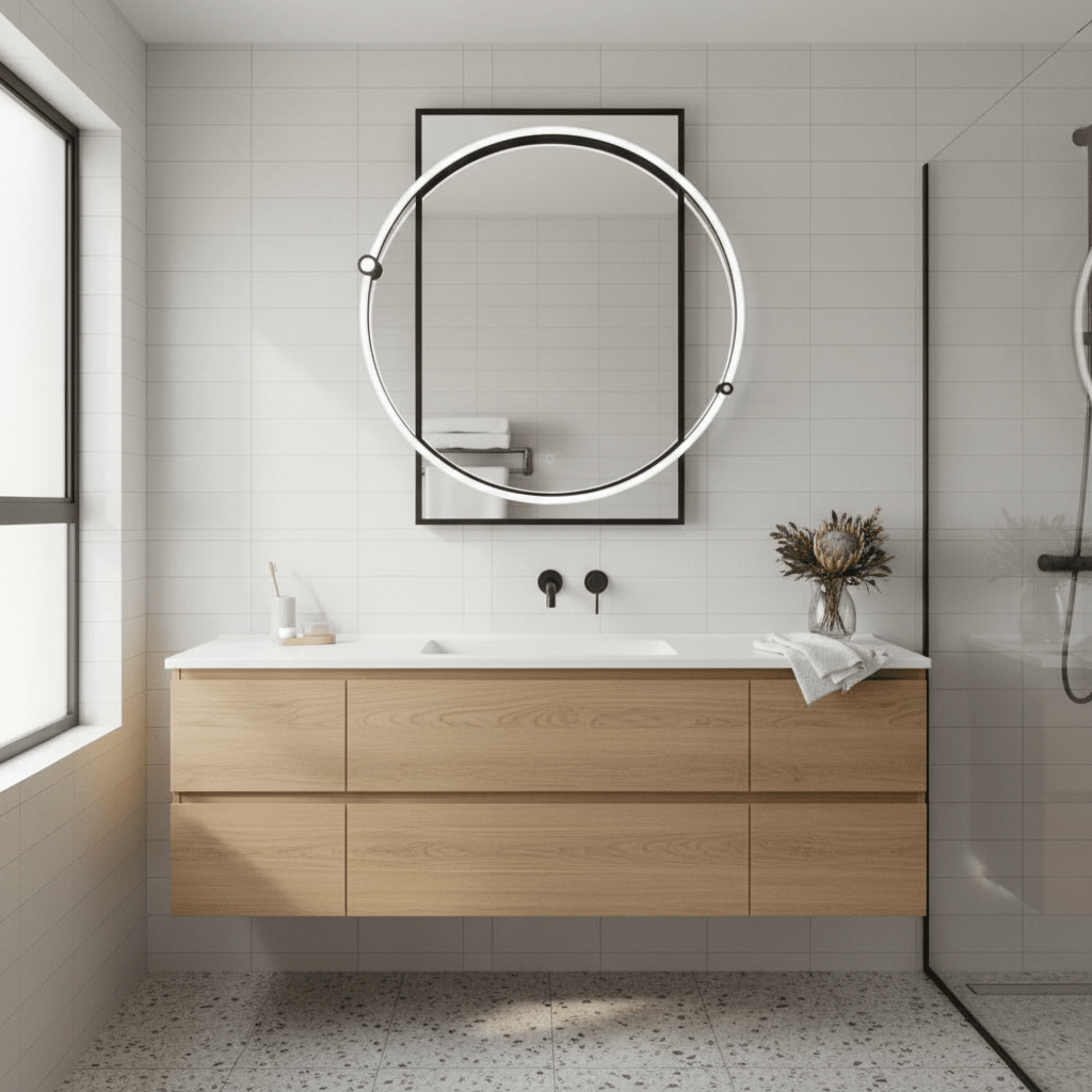 Modern LED mirror with circular light above a wooden bathroom vanity, featuring a sleek design and bright ambiance.