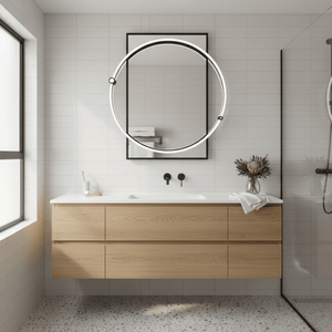 Modern LED mirror with circular light above a wooden bathroom vanity, featuring a sleek design and bright ambiance.