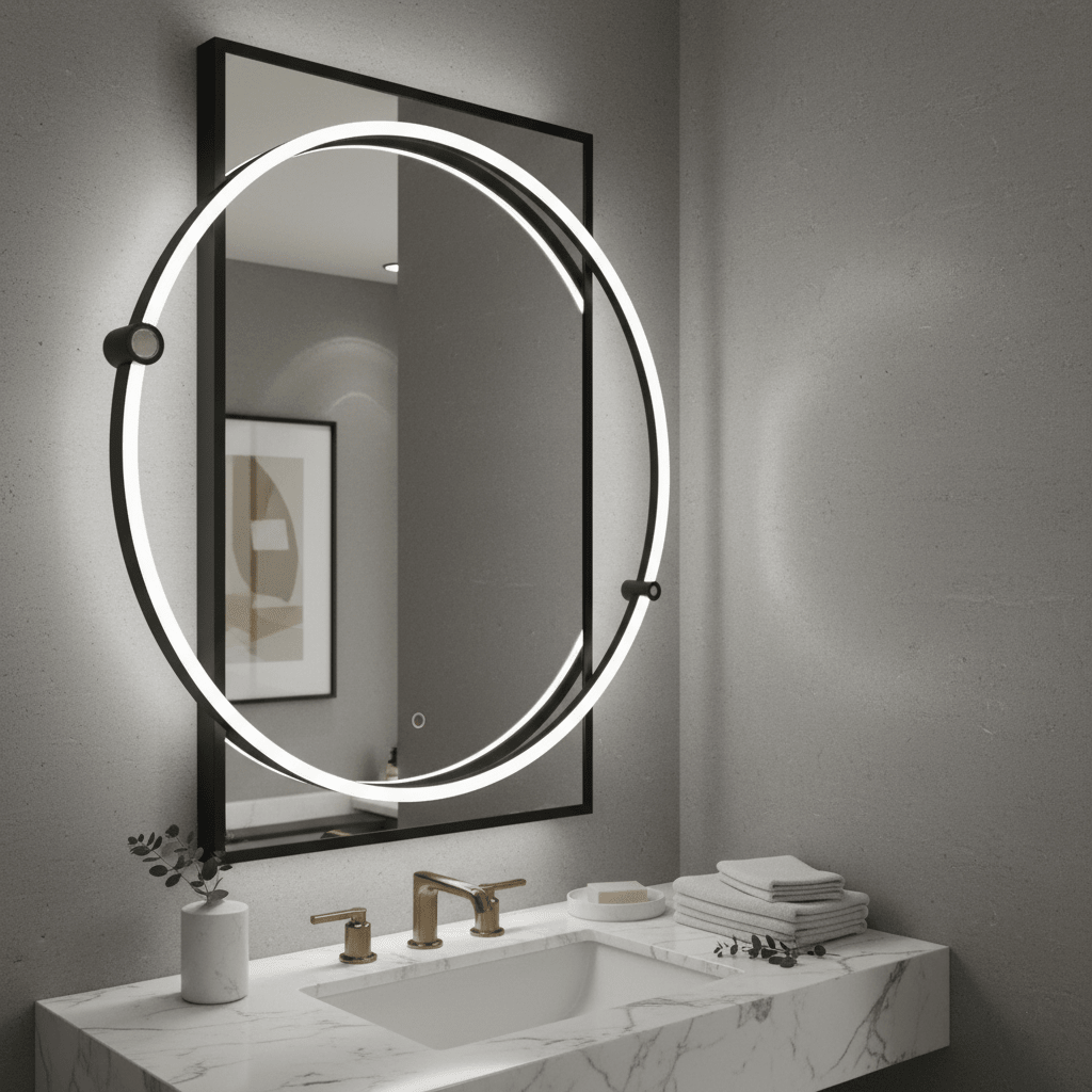 LED mirror with a sleek black frame, illuminated ring, above a marble sink with gold fixtures.