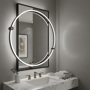 LED mirror with a sleek black frame, illuminated ring, above a marble sink with gold fixtures.