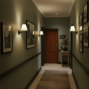 Stylish indoor wall lights illuminate a hallway adorned with framed photos and a potted plant.