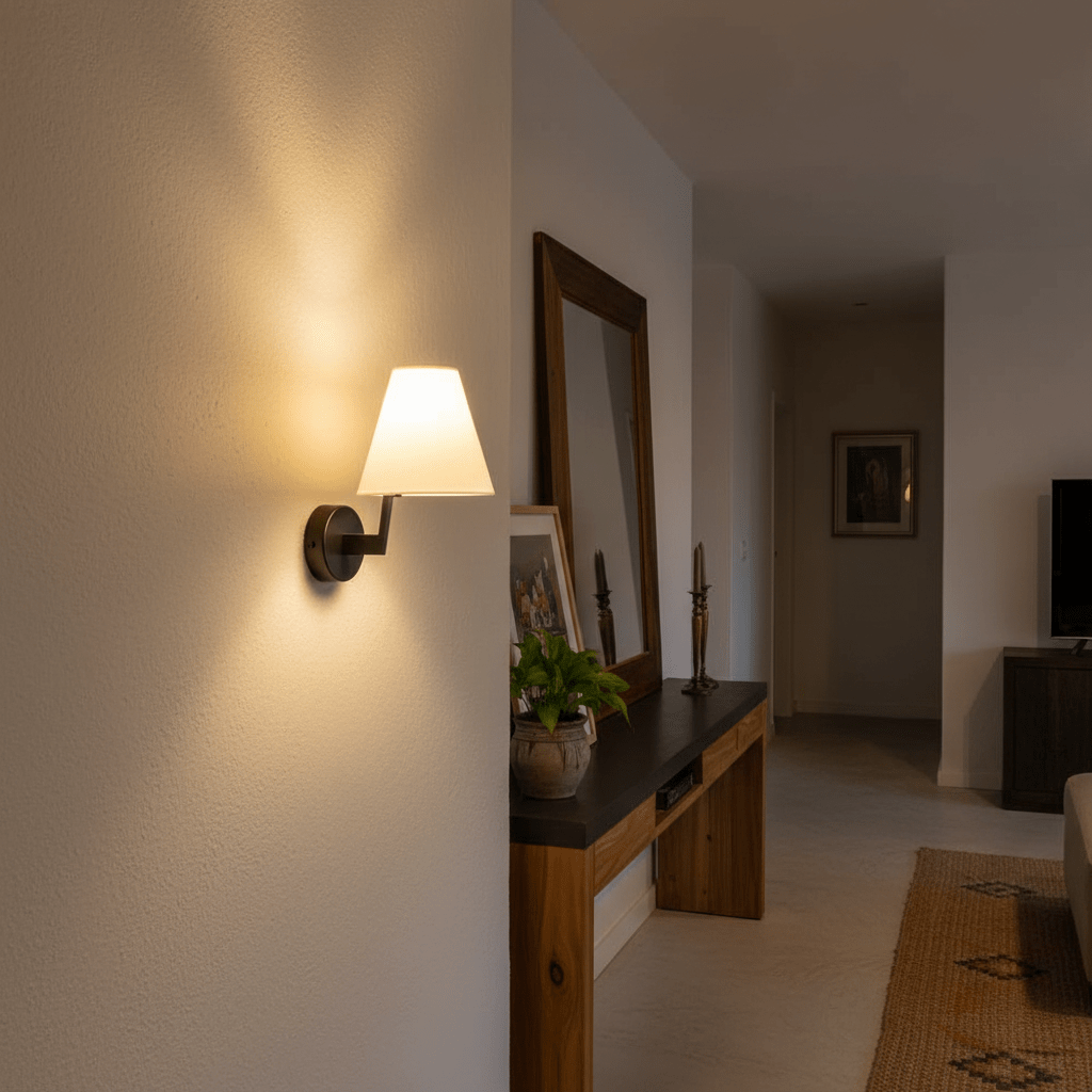 Contemporary indoor wall light casting a warm glow, mounted beside a mirror in a stylish living space.